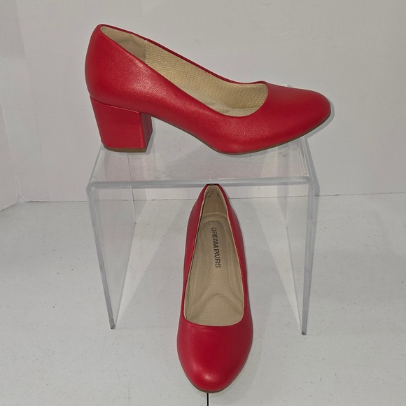 Dream Pairs Shoes - Dream Pairs Women Red Round Toe Low Block Heel Pumps SDPU2462W Size 6.5